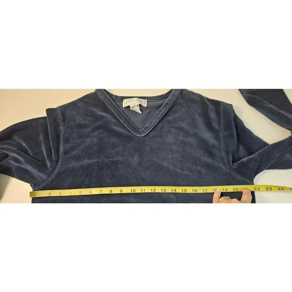 Vintage Jennifer Moore navy blue velour pocket lounge sweater comfy warm sz M +